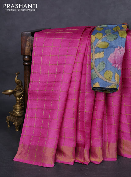 Pure tussar silk saree pink and blue shade with allover zari checked pattern and zari woven border
