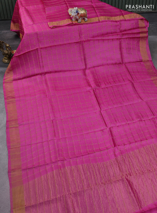 Pure tussar silk saree pink and blue shade with allover zari checked pattern and zari woven border