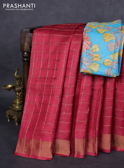 Pure tussar silk saree red and cs blue with allover zari checked pattern and zari woven border