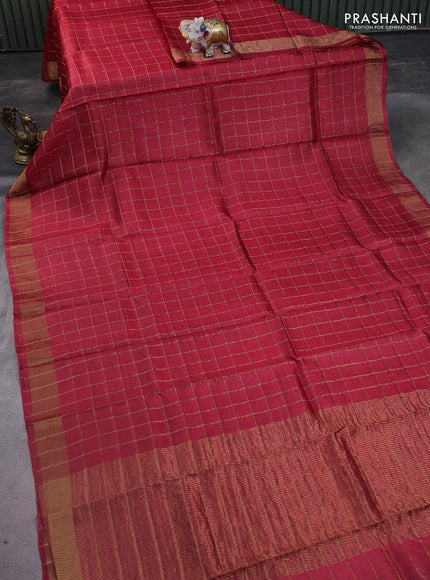 Pure tussar silk saree red and cs blue with allover zari checked pattern and zari woven border