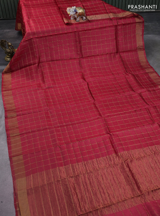 Pure tussar silk saree red and cs blue with allover zari checked pattern and zari woven border