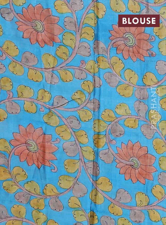 Pure tussar silk saree red and cs blue with allover zari checked pattern and zari woven border