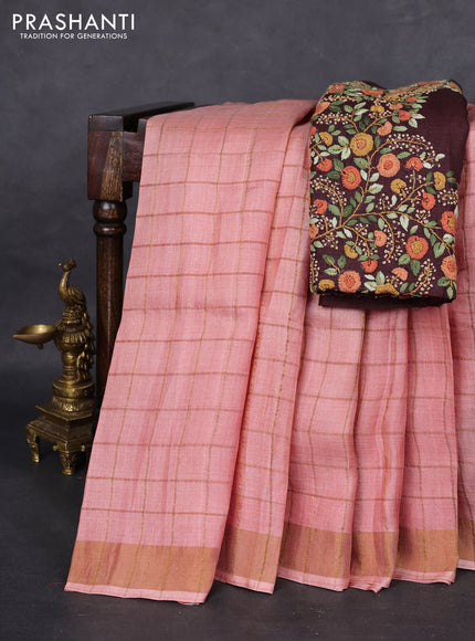 Pure tussar silk saree peach pink and coffee brown with allover zari checked pattern and zari woven border