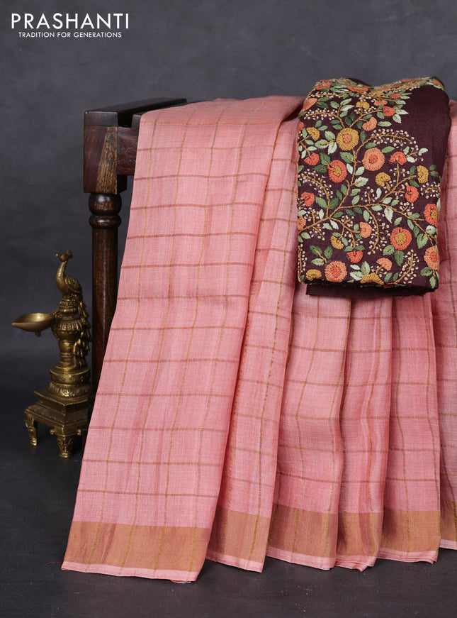 Pure tussar silk saree peach pink and coffee brown with allover zari checked pattern and zari woven border