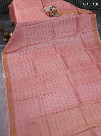 Pure tussar silk saree peach pink and coffee brown with allover zari checked pattern and zari woven border