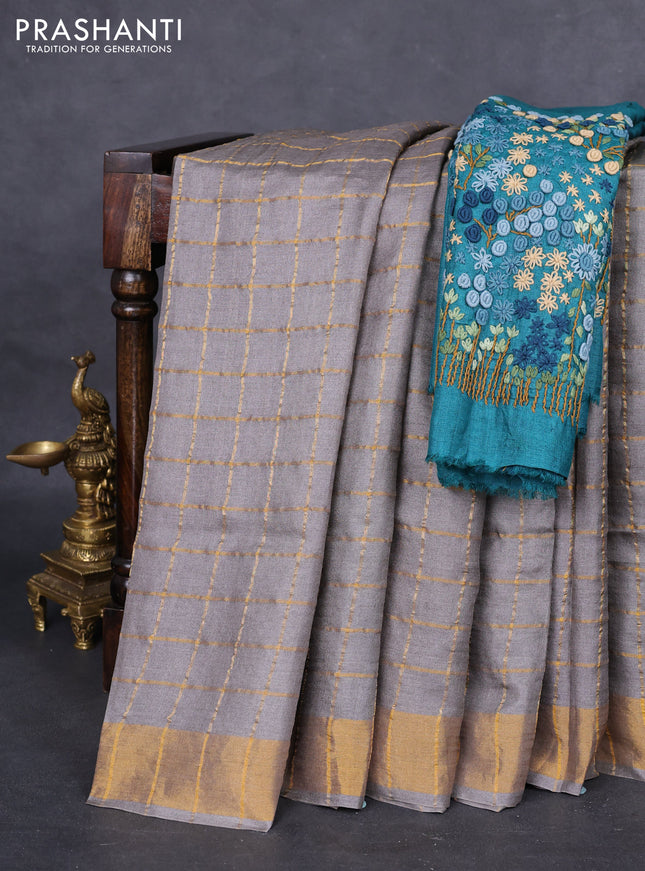 Pure tussar silk saree grey and teal green with allover zari checked pattern and zari woven border