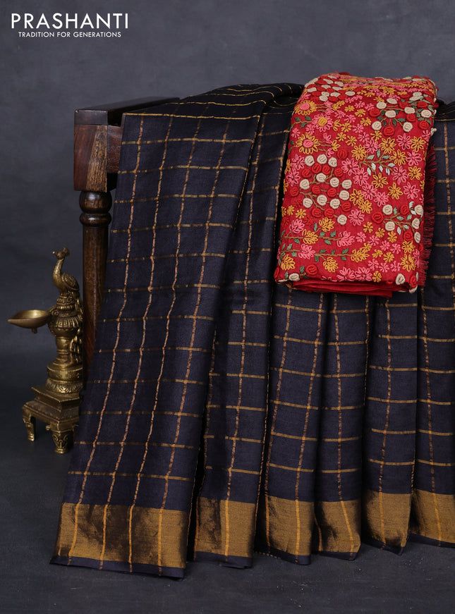Pure tussar silk saree black and red with allover zari checked pattern and zari woven border