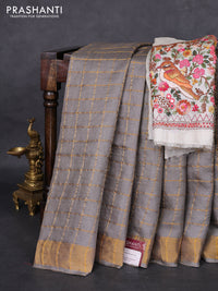 Pure tussar silk saree grey and cream with allover zari checked pattern and zari woven border
