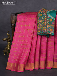 Pure tussar silk saree pink and green with allover zari checked pattern and zari woven border