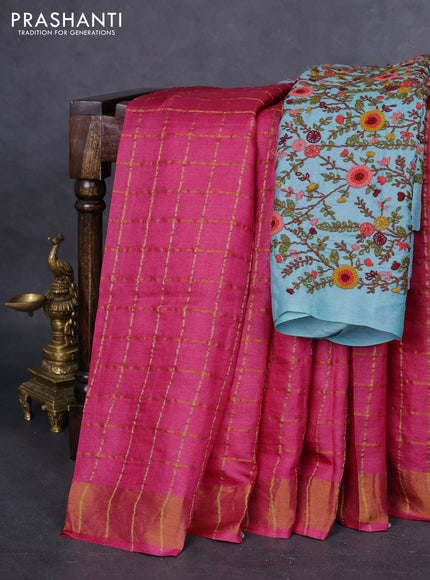 Pure tussar silk saree pink and light blue with allover zari checked pattern and zari woven border