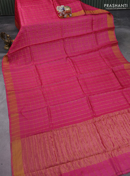 Pure tussar silk saree pink and light blue with allover zari checked pattern and zari woven border