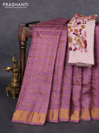 Pure tussar silk saree purple shade and beige with allover zari checked pattern and zari woven border