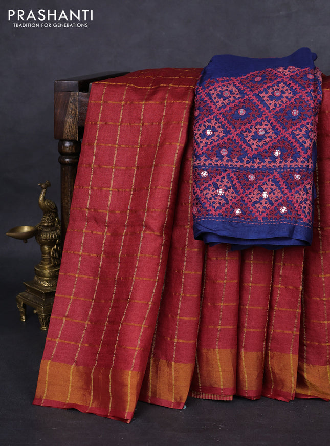 Pure tussar silk saree red and blue with allover zari checked pattern and zari woven border