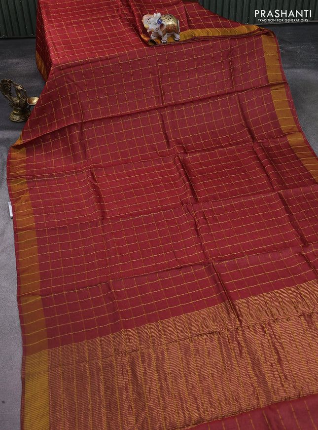 Pure tussar silk saree red and blue with allover zari checked pattern and zari woven border