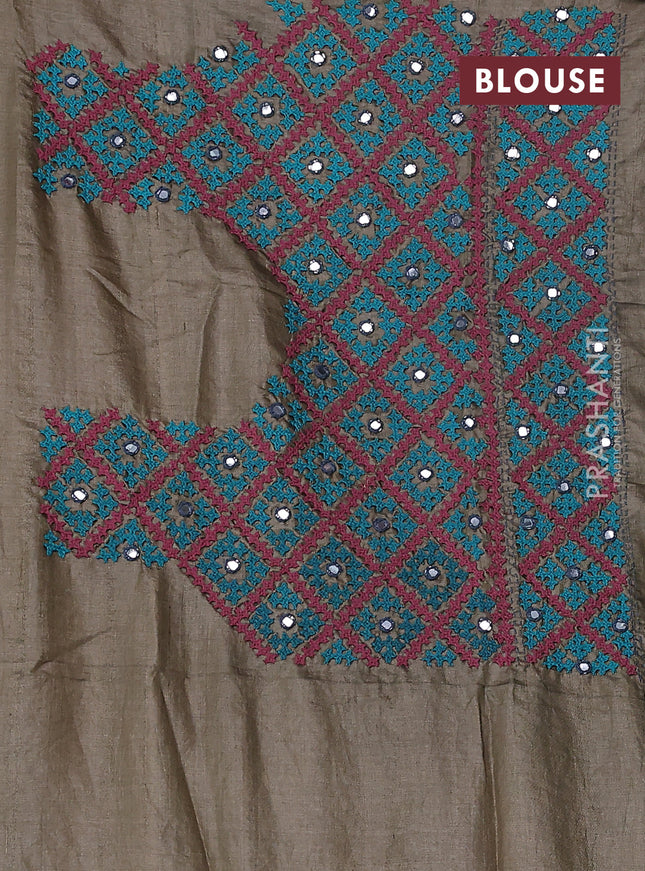 Pure tussar silk saree cs blue and chikku shade with allover zari checked pattern and zari woven border