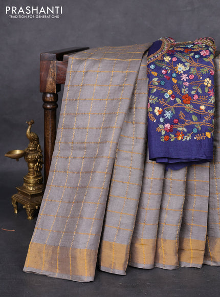 Pure tussar silk saree grey and dark blue with allover zari checked pattern and zari woven border
