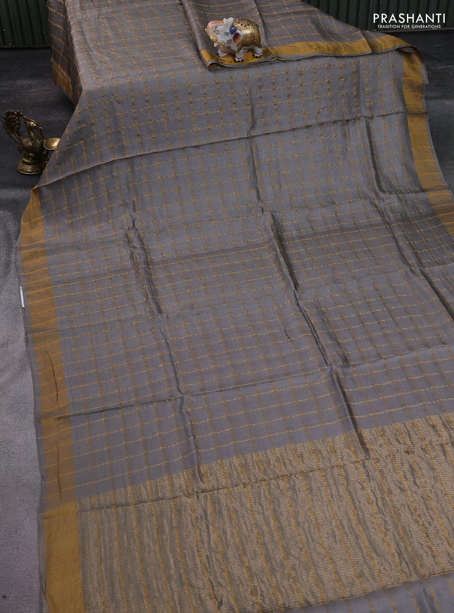 Pure tussar silk saree grey and dark blue with allover zari checked pattern and zari woven border
