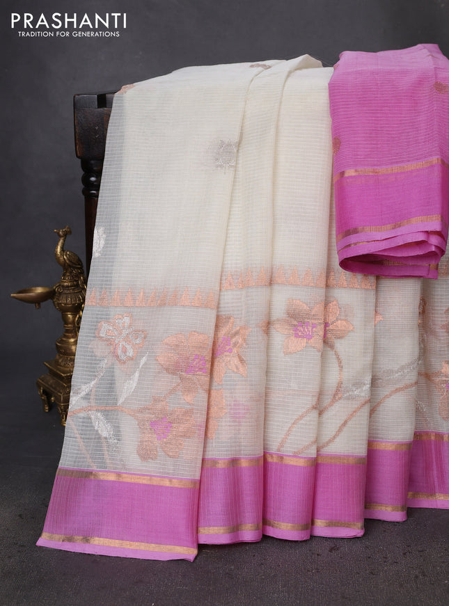 Pure zari kota silk saree cream and light pink with silver & copper zari woven floral buttas and floral design rettapet zari woven border