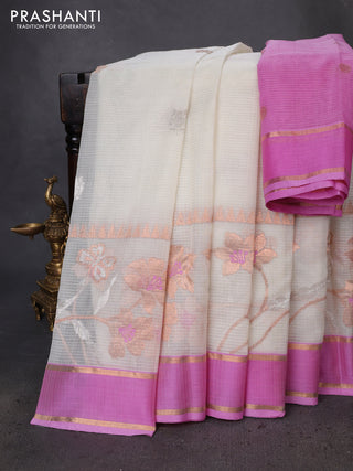 Pure zari kota silk saree cream and light pink with silver & copper zari woven floral buttas and floral design rettapet zari woven border