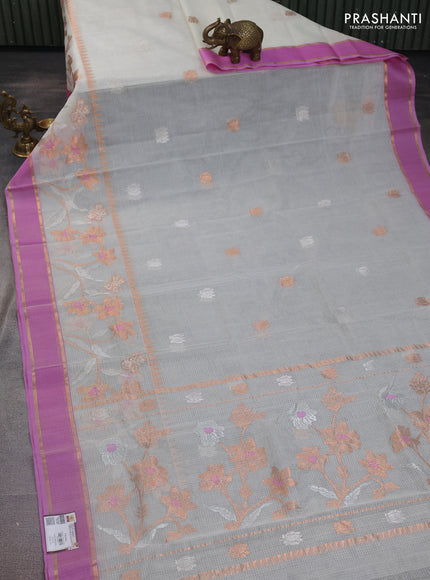 Pure zari kota silk saree cream and light pink with silver & copper zari woven floral buttas and floral design rettapet zari woven border