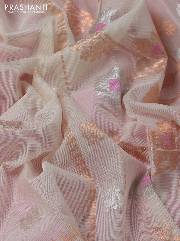 Pure zari kota silk saree cream and light pink with silver & copper zari woven floral buttas and floral design rettapet zari woven border