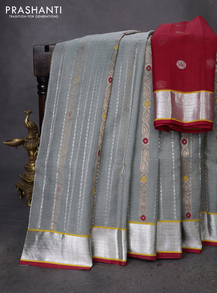Pure zari kota silk saree grey and maroon with allover silver & gold zari weaves and silver zari woven border