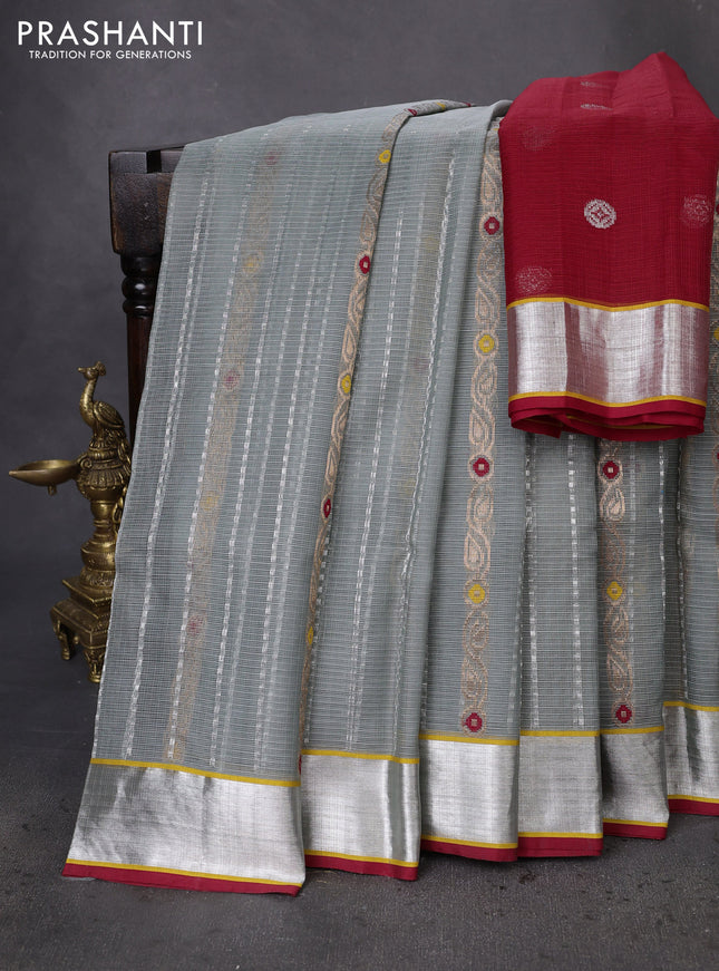 Pure zari kota silk saree grey and maroon with allover silver & gold zari weaves and silver zari woven border