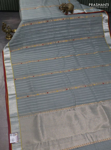 Pure zari kota silk saree grey and maroon with allover silver & gold zari weaves and silver zari woven border