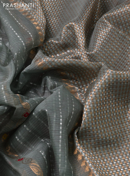 Pure zari kota silk saree grey and maroon with allover silver & gold zari weaves and silver zari woven border