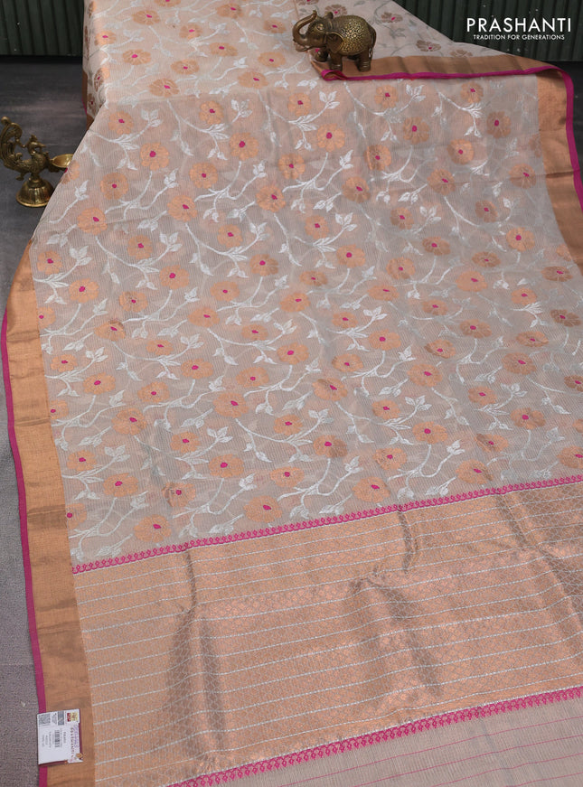 Pure zari tissue kota silk saree beige and pink with allover silver & copper floral zari weaves and copper zari woven border