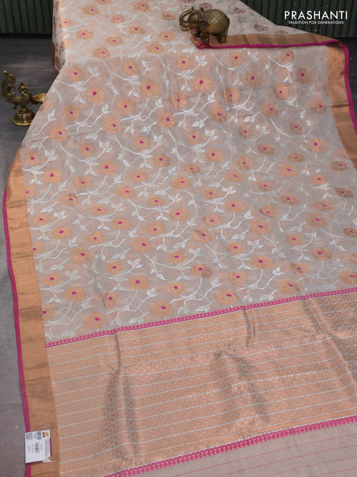 Pure zari tissue kota silk saree beige and pink with allover silver & copper floral zari weaves and copper zari woven border