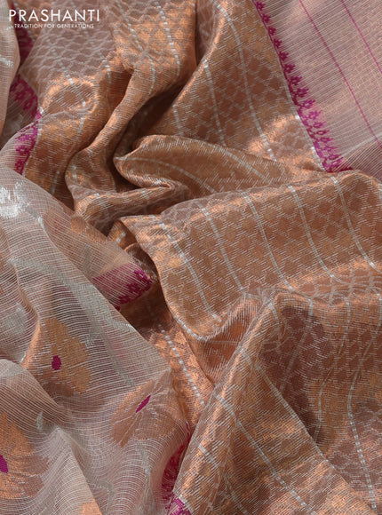 Pure zari tissue kota silk saree beige and pink with allover silver & copper floral zari weaves and copper zari woven border