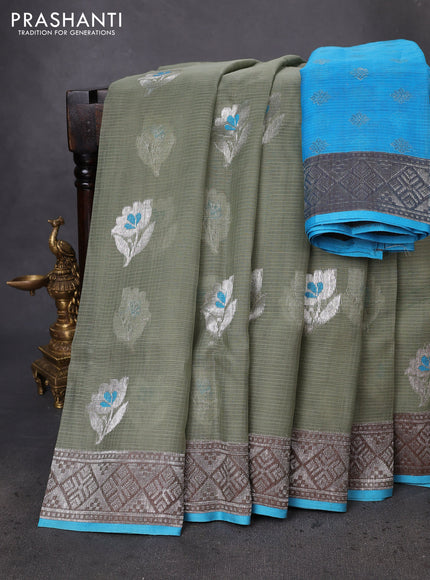 Pure zari kota silk saree pastel green and cs blue with thread & silver zari woven floral buttas and silver zari woven border