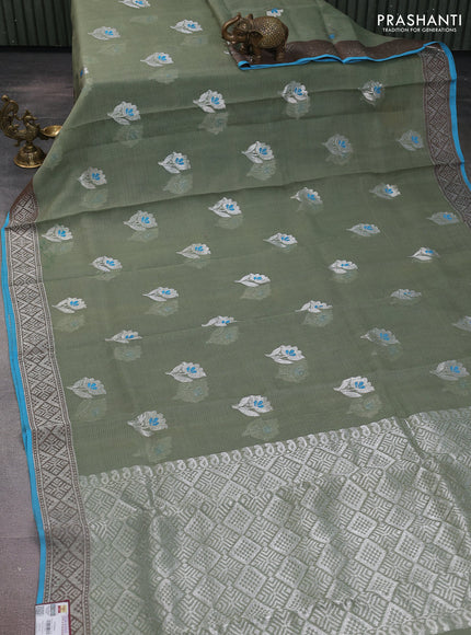 Pure zari kota silk saree pastel green and cs blue with thread & silver zari woven floral buttas and silver zari woven border
