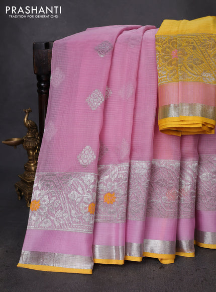 Pure zari kota silk saree baby pink and yellow with silver zari woven buttas and silver zari woven border