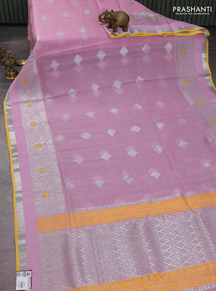 Pure zari kota silk saree baby pink and yellow with silver zari woven buttas and silver zari woven border
