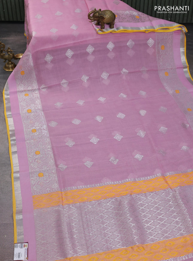 Pure zari kota silk saree baby pink and yellow with silver zari woven buttas and silver zari woven border