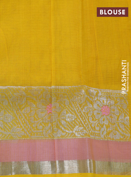 Pure zari kota silk saree baby pink and yellow with silver zari woven buttas and silver zari woven border