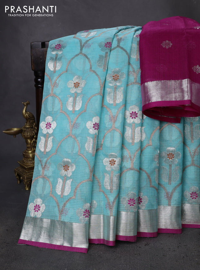 Pure zari kota silk saree teal blue and pink with allover silver & copper zari weaves and silver zari woven border