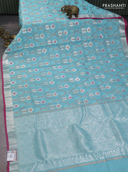 Pure zari kota silk saree teal blue and pink with allover silver & copper zari weaves and silver zari woven border