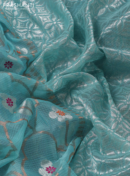 Pure zari kota silk saree teal blue and pink with allover silver & copper zari weaves and silver zari woven border