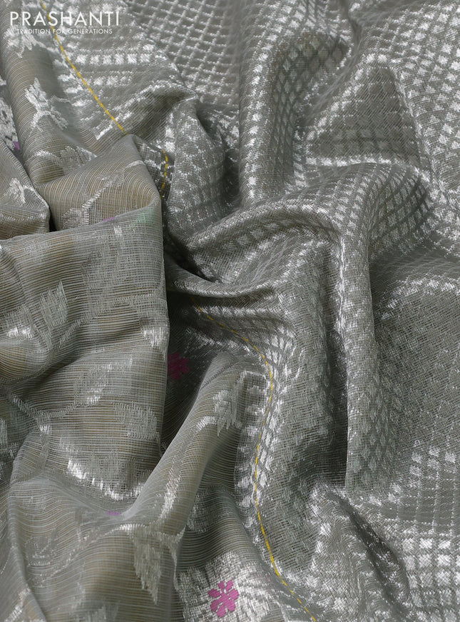Pure zari kota silk saree pastel grey and yellow with allover silver zari woven floral weaves and silver zari woven border