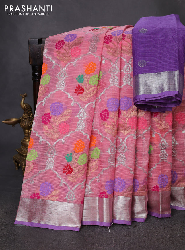 Pure zari kota silk saree peach pink and lavender with allover thread & zari weaves and silver zari woven border