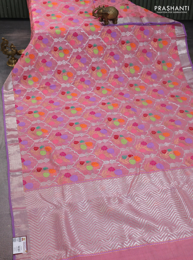 Pure zari kota silk saree peach pink and lavender with allover thread & zari weaves and silver zari woven border