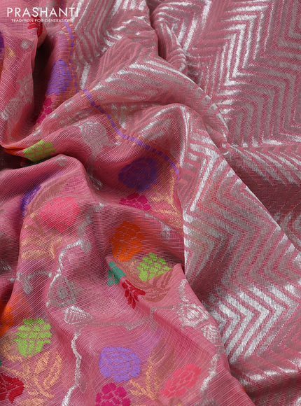 Pure zari kota silk saree peach pink and lavender with allover thread & zari weaves and silver zari woven border