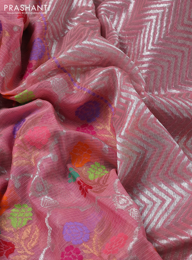 Pure zari kota silk saree peach pink and lavender with allover thread & zari weaves and silver zari woven border