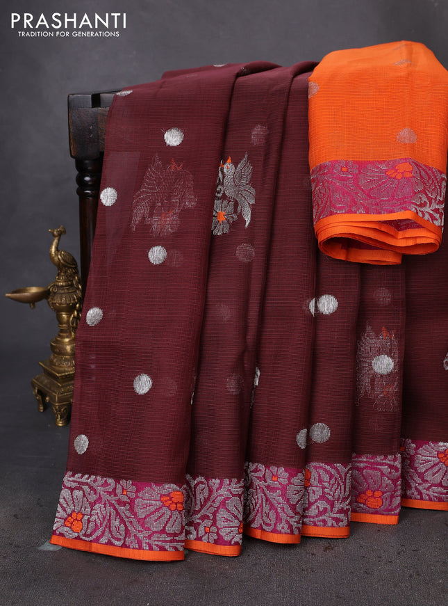 Pure zari kota silk saree brown and orange with silver zari woven buttas and floral design silver zari woven border