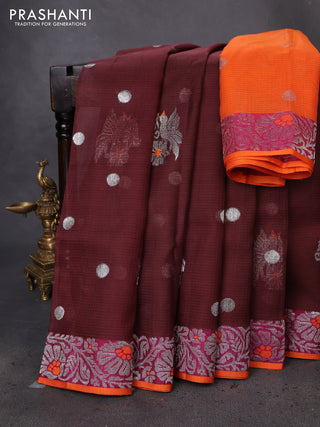 Pure zari kota silk saree brown and orange with silver zari woven buttas and floral design silver zari woven border