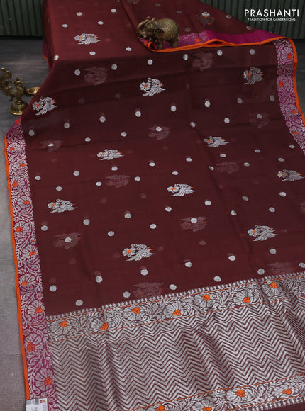 Pure zari kota silk saree brown and orange with silver zari woven buttas and floral design silver zari woven border