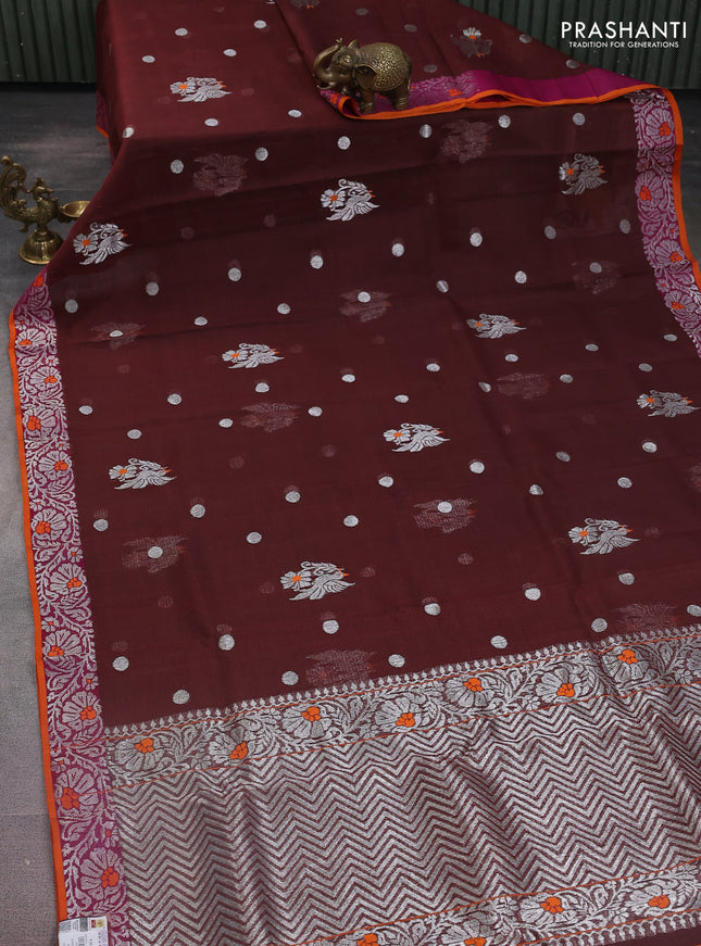 Pure zari kota silk saree brown and orange with silver zari woven buttas and floral design silver zari woven border